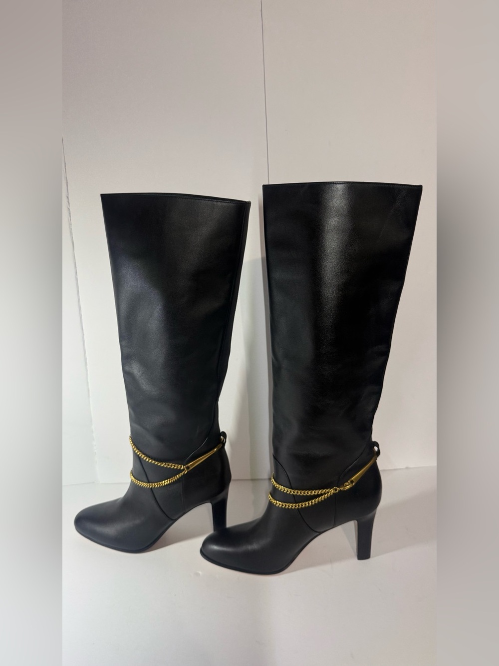 Veronica Beard Black Leather Knee-High Boots with Gold Chain Accent size 7.5